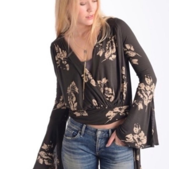 Free People | Fiona Bell Sleeve Surplice Tie Waist Crop Top in Gray - Picture 1 of 11